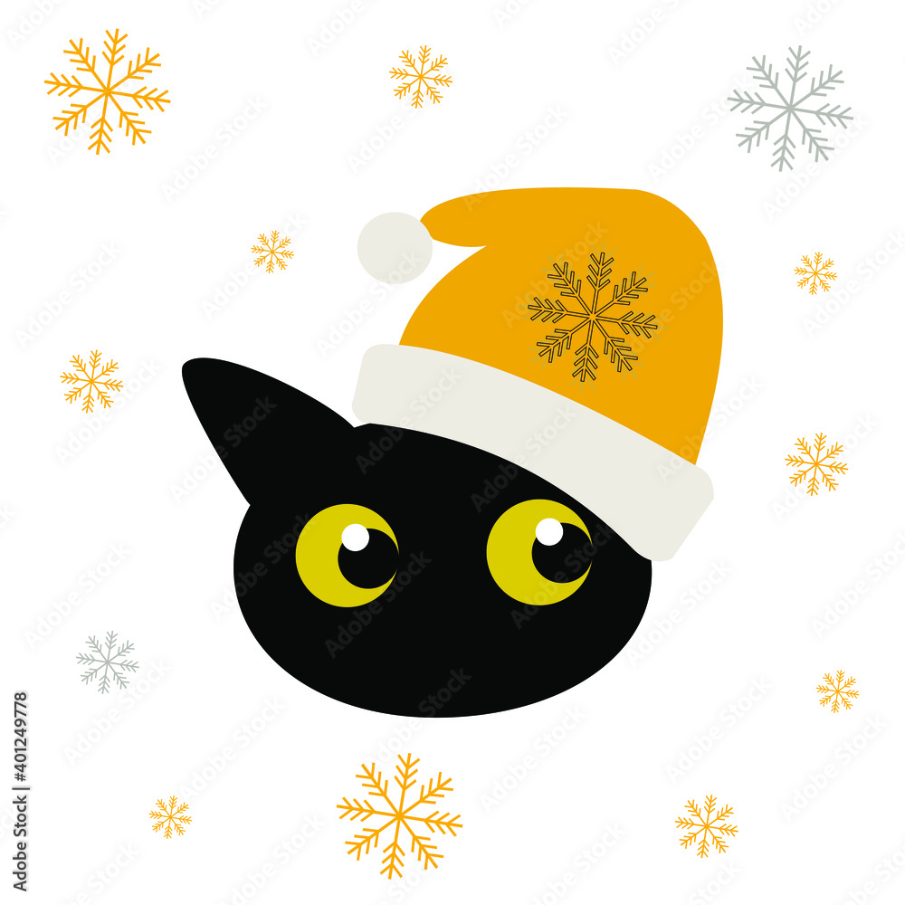 Black cat in a New Year's yellow hat. Black cute funny kitten in snowflakes isolated on white background for fashion prints, textiles, clothes, tableware. Vector illustration. Black cat in a New Year's yellow hat. Black cute funny kitten in snowflakes isolated on white background for fashion prints, textiles, clothes, tableware. Vector illustration.
