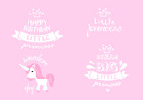 Vector set of congratulatory inscriptions. Little princess, happy birthday, big dreams. cartoon pony,  unicorn. pink and white
