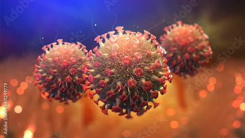 Virus inside organism. Replication and mutation of viruses. Macro 3D illustration. Microbiology and Virology as a Science of Future