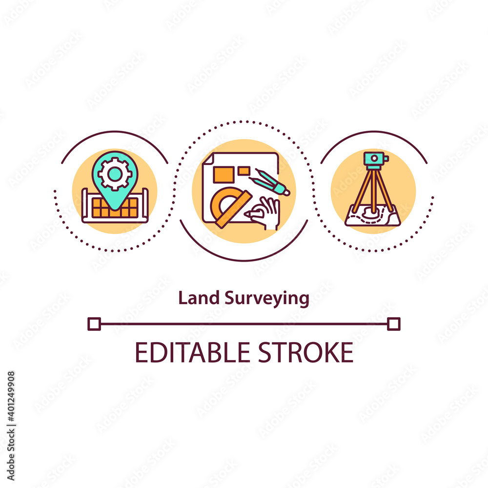 Land surveying concept icon. Maps creation and plot boundaries determination idea thin line illustration. Measuring distances, directions. Vector isolated outline RGB color drawing. Editable stroke