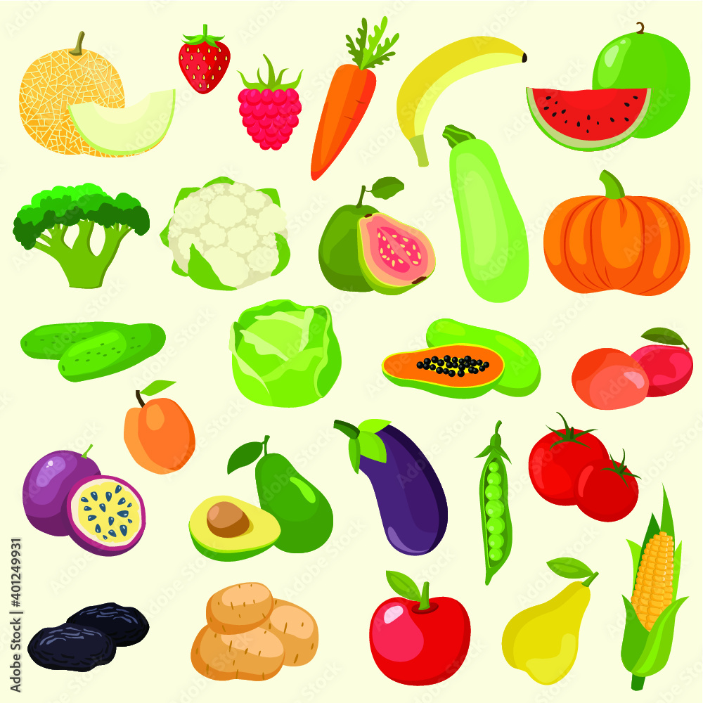 Vector set of vegetables, fruits and berries. potato, carrot, tomato, cucumber, cabbage, broccoli, avocado, corn, eggplant, zucchini, watermelon, apple, pear, peach, passion fruit, papaya, strawberry Vector set of vegetables, fruits and berries. potato, carrot, tomato, cucumber, cabbage, broccoli, avocado, corn, eggplant, zucchini, watermelon, apple, pear, peach, passion fruit, papaya, strawberry