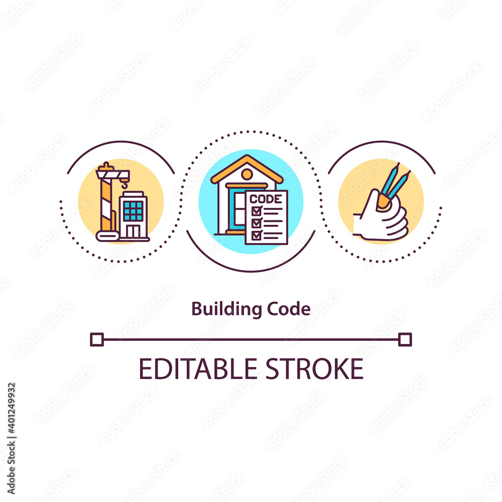 Building code concept icon. Building regulations idea thin line illustration. Standards for constructed objects. Public health protection. Vector isolated outline RGB color drawing. Editable stroke