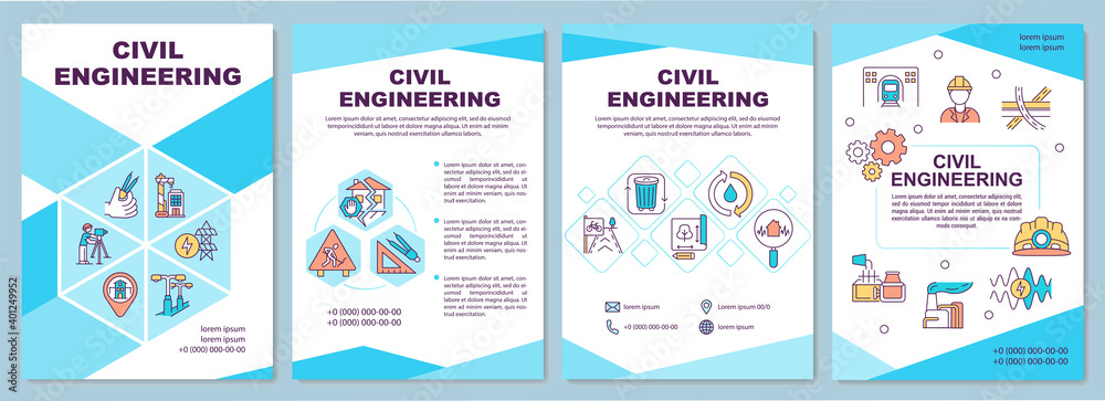 Civil engineering brochure template. Construction and maintenance. Flyer, booklet, leaflet print, cover design with linear icons. Vector layouts for magazines, annual reports, advertising posters