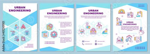 Urban engineering brochure template. Constructing infrastructure. Flyer, booklet, leaflet print, cover design with linear icons. Vector layouts for magazines, annual reports, advertising posters
