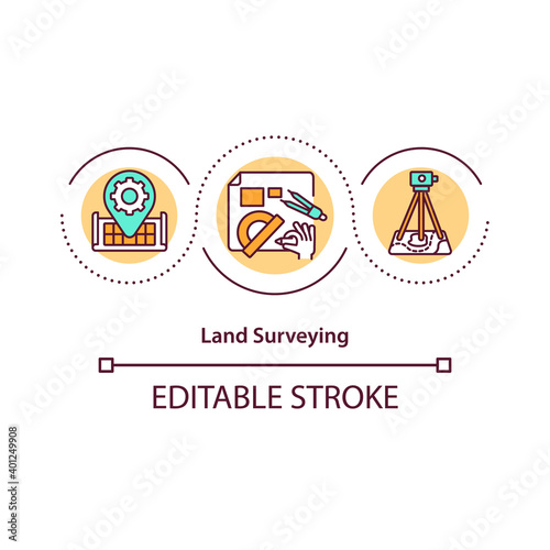 Land surveying concept icon. Maps creation and plot boundaries determination idea thin line illustration. Measuring distances, directions. Vector isolated outline RGB color drawing. Editable stroke
