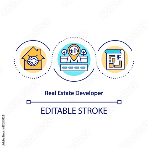 Real estate developer concept icon. Buying and developing houses, buildings idea thin line illustration. Planning and organizing projects. Vector isolated outline RGB color drawing. Editable stroke