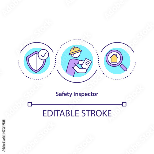 Safety inspector concept icon. Inspecting working and health conditions idea thin line illustration. Organizations and equipment checkup. Vector isolated outline RGB color drawing. Editable stroke