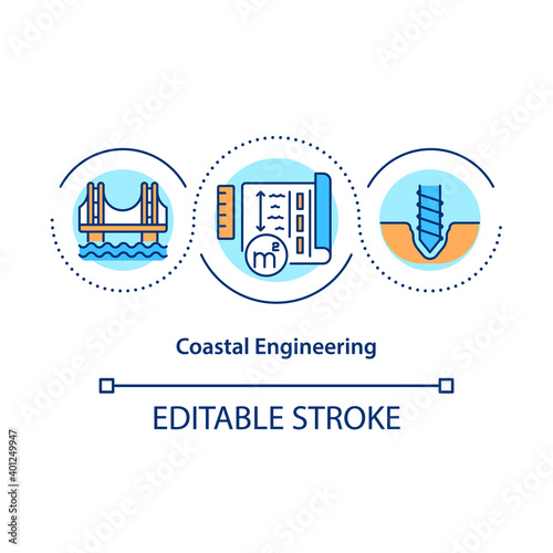 Coastal engineering concept icon. Coastal structures building and maintenance idea thin line illustration. Harbor and offshore engineering. Vector isolated outline RGB color drawing. Editable stroke