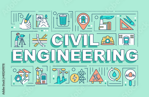 Civil engineering word concepts banner. Public works. Architectural design, construction. Infographics with linear icons on mint background. Isolated typography. Vector outline RGB color illustration