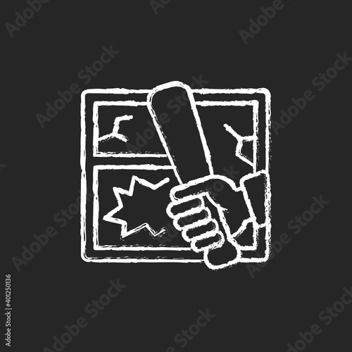 Vandalism chalk white icon on black background. Property crime. Causing home damage and destruction. Breaking windows. Ransacking houses. Malicious mischief. Isolated vector chalkboard illustration