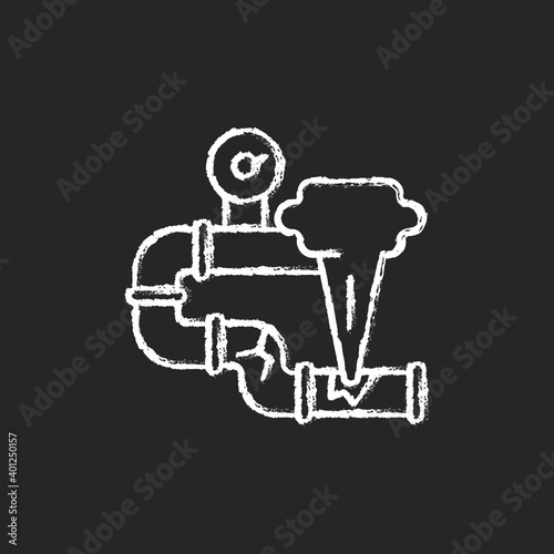 Gas leak chalk white icon on black background. Damaged gas pipe. Carbon monoxide poisoning. Toxic gases and air quality issues. Gas-burning appliance. Isolated vector chalkboard illustration