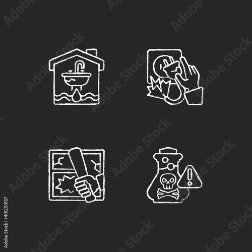Preventing house hazards chalk white icons set on black background. Water damage. Electric shock. Vandalism. Chemical poisoning. Flooding and water leak. Isolated vector chalkboard illustrations