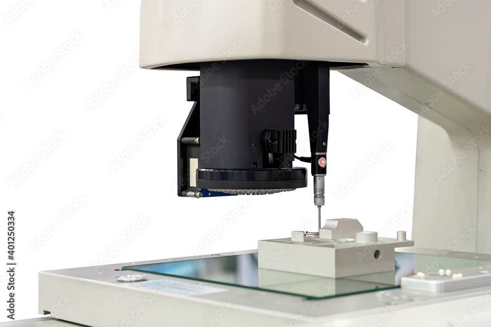 High technology precision video measuring machine with camera probe sensor during product inspection dimension shape etc. for quality control of manufacturing isolated on white with clipping path