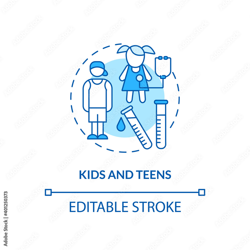 Kids and teens concept icon. Health screening age group idea thin line illustration. Checking vision and hearing. Physical examination. Vector isolated outline RGB color drawing. Editable stroke