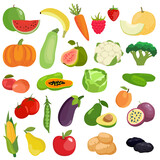 set of vegetables, fruits and berries. potato, carrot, tomato, cucumber, cabbage, broccoli, avocado, corn, eggplant, zucchini, watermelon, apple, pear, peach, passion fruit, papaya, strawberry