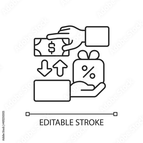 Freebie marketing linear icon. Business model in which item is sold at low price to increase sale. Thin line customizable illustration. Contour symbol. Vector isolated outline drawing. Editable stroke