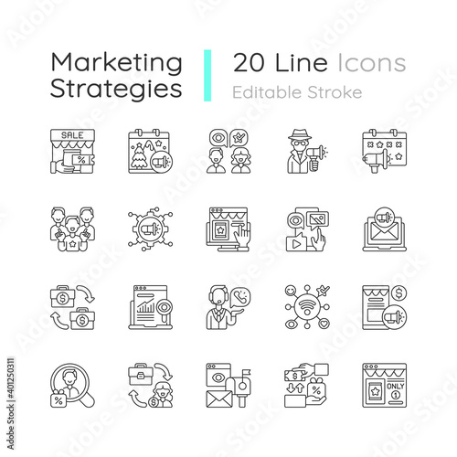 Marketing strategies linear icons set. Transactional type of advertising your company product or service. Customizable thin line contour symbols. Isolated vector outline illustrations. Editable stroke