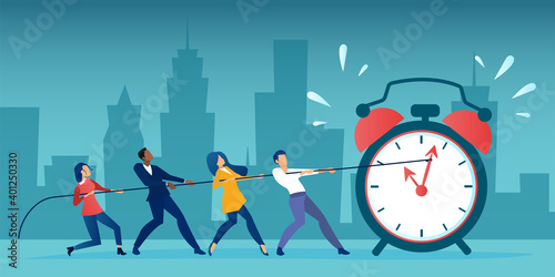 Vector of a group of business people pulling clock hands on a rope.