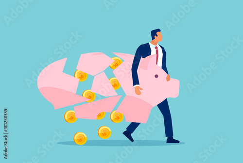 Vector of a business man holding breaking apart piggy bank loosing his savings