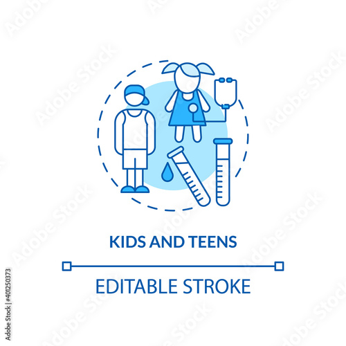 Kids and teens concept icon. Health screening age group idea thin line illustration. Checking vision and hearing. Physical examination. Vector isolated outline RGB color drawing. Editable stroke