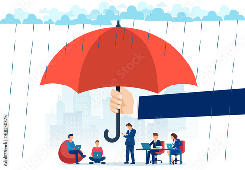 Vector of a big hand holding big umbrella in rain protecting people employees working in office and at home