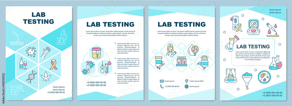Lab testing brochure template. Procedure performed to detect diseases. Flyer, booklet, leaflet print, cover design with linear icons. Vector layouts for magazines, annual reports, advertising posters