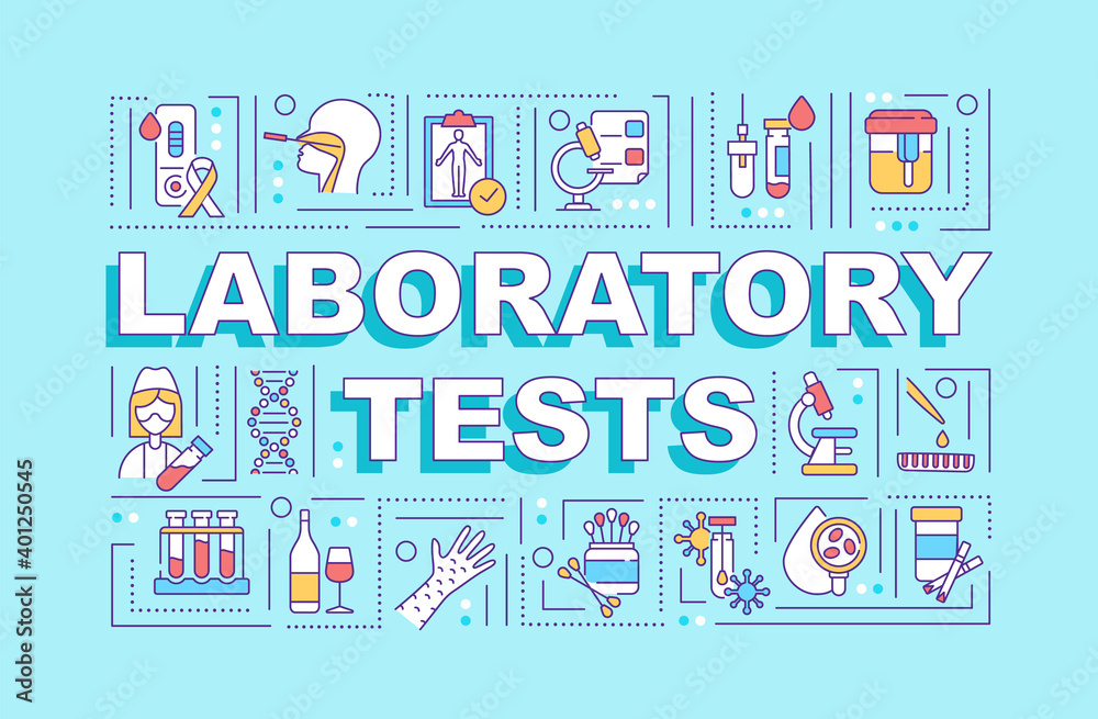 Laboratory tests word concepts banner. Health care system upgrading due to pandemic. Infographics with linear icons on blue background. Isolated typography. Vector outline RGB color illustration