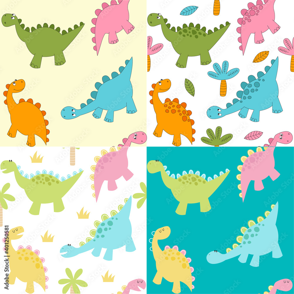Fototapeta premium set seamless background with cartoon dinosaurs. Bright pattern, summer, cactus
