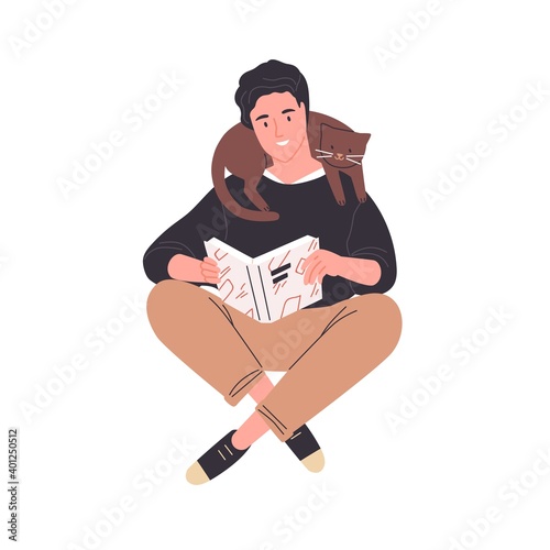Happy young man reading book sitting with his legs crossed. Cute guy with cat over neck isolated on white background. Male reader enjoying literature or preparing for exam. Flat vector illustration.
