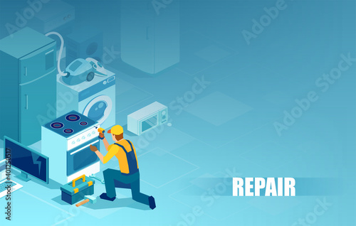 Vector of a handy man repairing home appliances