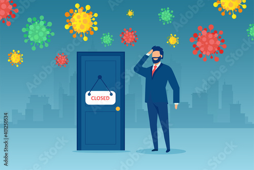 Vector of a confused business man standing at a door with closed sign during COVID-19 pandemic