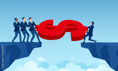Vector of a group of business men competing with a businesswoman for money