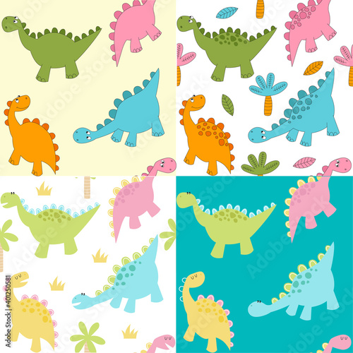 Fototapeta Naklejka Na Ścianę i Meble -  set seamless background with cartoon dinosaurs. Bright pattern, summer, cactus