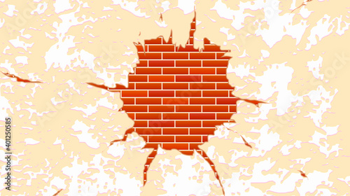 Realistic vector weathered wall background with brick masonry. Vector cartoon old wall crack with red bricks. Shabby cracked plaster grunge background. Concrete wall with cracks. Vintage background.