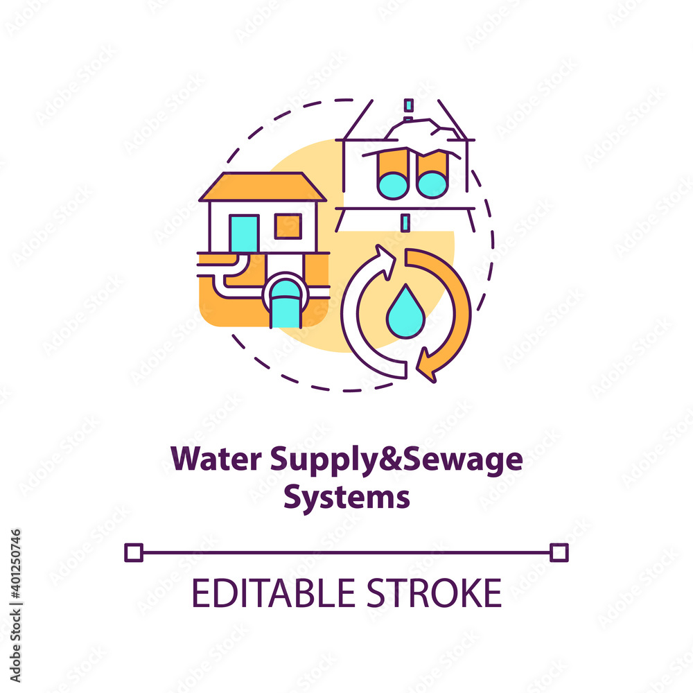 Water supply and sewage systems concept icon. Sewer pipeline. Waste management. Civil engineering idea thin line illustration. Vector isolated outline RGB color drawing. Editable stroke