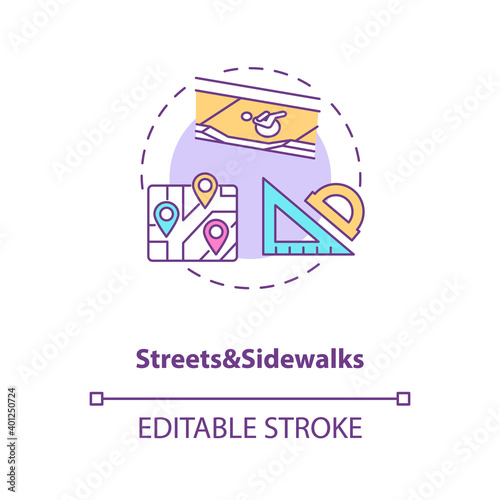 Streets and sidewalks concept icon. Pedestrian lane. Road city infrastructure. Civil engineering idea thin line illustration. Vector isolated outline RGB color drawing. Editable stroke