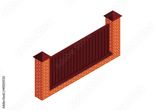 Isometric red brick and iron fence isolated on white background. Profiled sheeting border in an isometric view. 3D vector fence with columns. Metal and brick wall icon. Flat style. Vector illustration