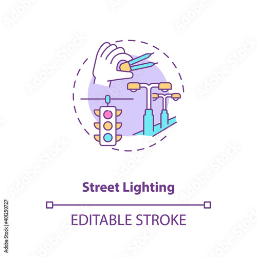 Street lighting concept icon. Road illumination. Public service. City infrastructure. Civil engineering idea thin line illustration. Vector isolated outline RGB color drawing. Editable stroke