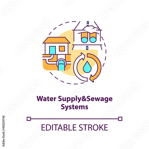 Water supply and sewage systems concept icon. Sewer pipeline. Waste management. Civil engineering idea thin line illustration. Vector isolated outline RGB color drawing. Editable stroke