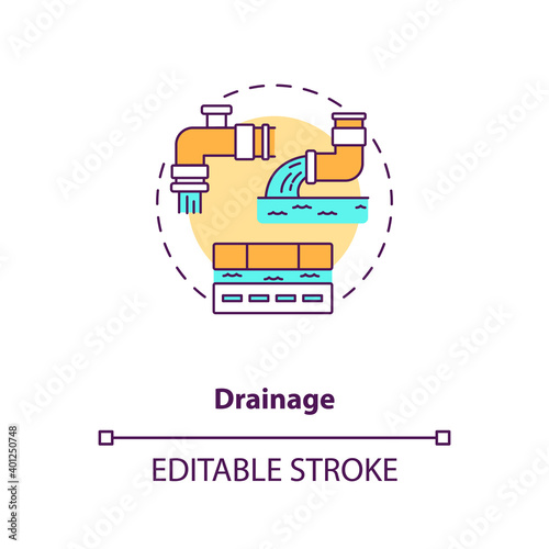 Drainage concept icon. Sewage utility system. Sewer pipeline. Water waste management. Civil engineering idea thin line illustration. Vector isolated outline RGB color drawing. Editable stroke