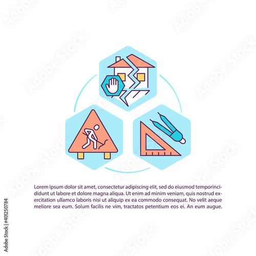 Constructing earthquake-resistant structures concept icon with text. Minimizing earthquake damage. PPT page vector template. Brochure, magazine, booklet design element with linear illustrations