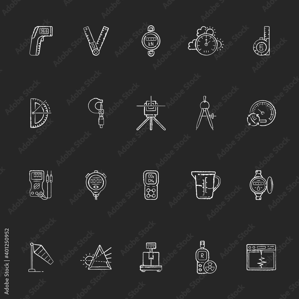 Measurement elements chalk white icons set on black background. Measuring physical quantity. Infrared thermometer. Ruler, angle finder. Dynamometer. Isolated vector chalkboard illustrations Measurement elements chalk white icons set on black background. Measuring physical quantity. Infrared thermometer. Ruler, angle finder. Dynamometer. Isolated vector chalkboard illustrations