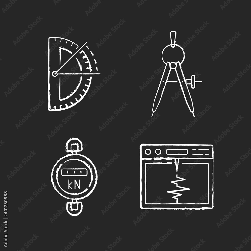 Measurement tools chalk white icons set on black background. Half ...