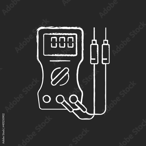 Ammeter chalk white icon on black background. Voltmeter, ohmmeter. Measuring direct and alternating electric current. Circuit analysis and debugging. Isolated vector chalkboard illustration