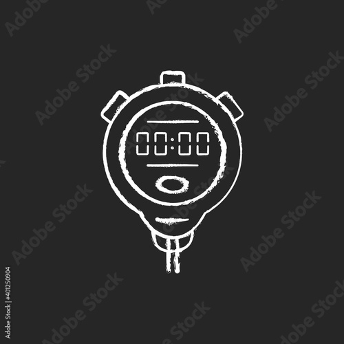 Stopwatch chalk white icon on black background. Measuring elapsed time. Handheld timepiece. Sporting and athletic events. Stop clock function. Isolated vector chalkboard illustration