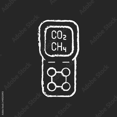 Gas detector chalk white icon on black background. Detecting gas leak and other emissions. Safety system. Concentration in atmosphere measurement. Isolated vector chalkboard illustration