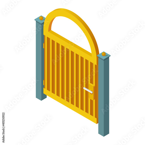Vector isometric yellow and gray gate isolated on white background. Colorful iron fence with columns. Metal gate vector illustration. Metal wall icon for web design. 3D vector illustration. Flat style