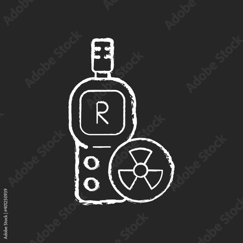Radiation dosimeter chalk white icon on black background. Geiger counter. Measuring external ionizing radiation dose uptake. Radioactive materials. Isolated vector chalkboard illustration