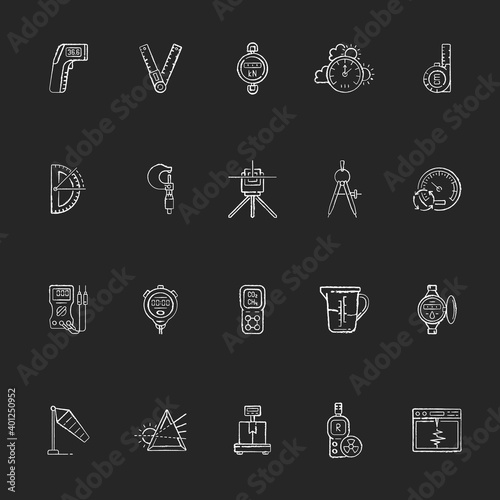 Measurement elements chalk white icons set on black background. Measuring physical quantity. Infrared thermometer. Ruler, angle finder. Dynamometer. Isolated vector chalkboard illustrations