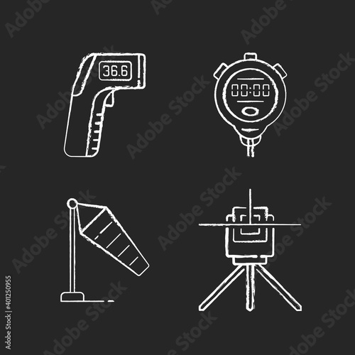 Measuring tools chalk white icons set on black background. Infrared thermometer. Handheld timepiece. Windsock. Laser line level. Wind direction and speed. Isolated vector chalkboard illustrations